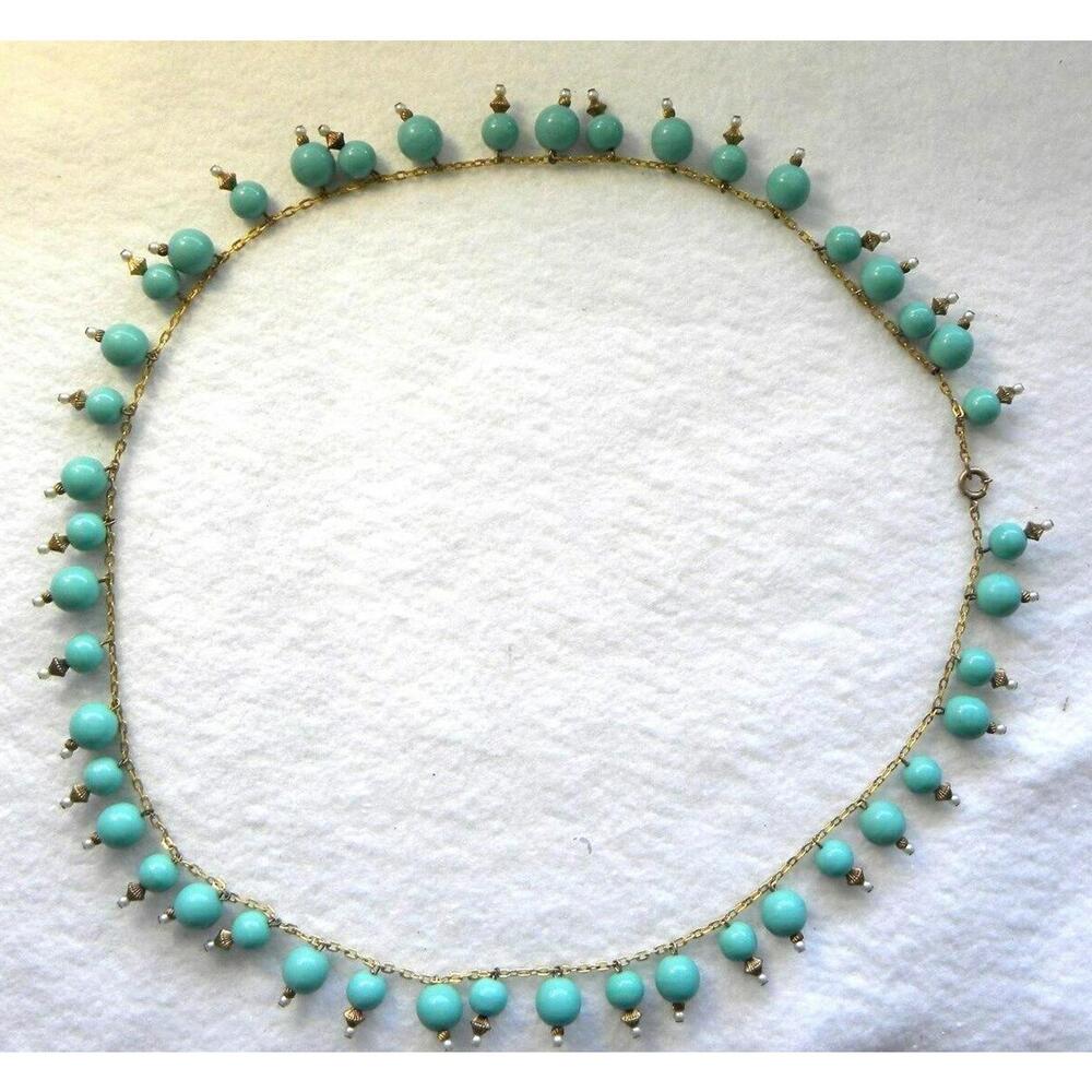 Vintage Early Miriam Haskell Turquoise Bead Necklace Pearl Gold Tone - Picture 2 of 6